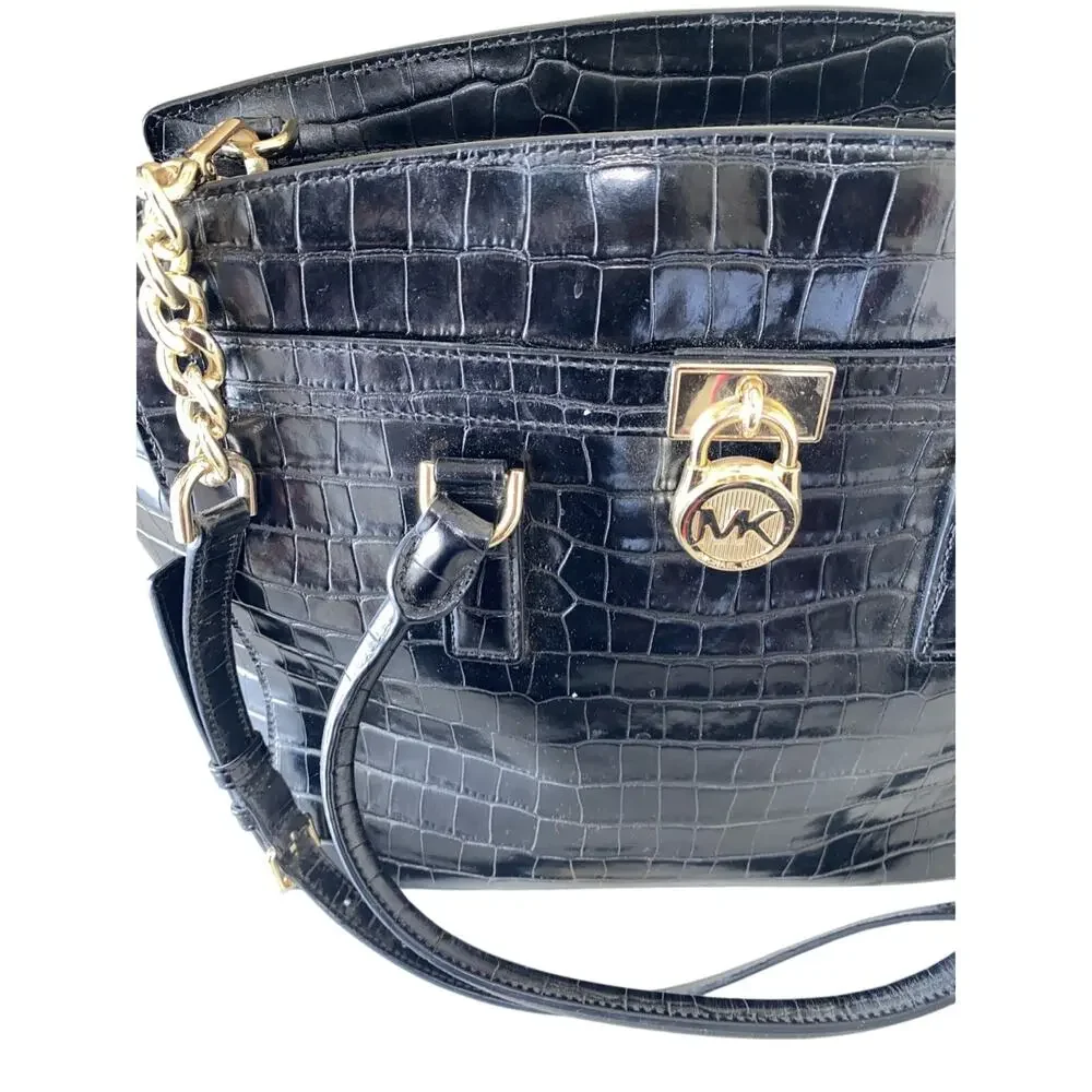 Michael Kors Hamilton Weekender Black Embossed Leather Gold Chain Classic Purse